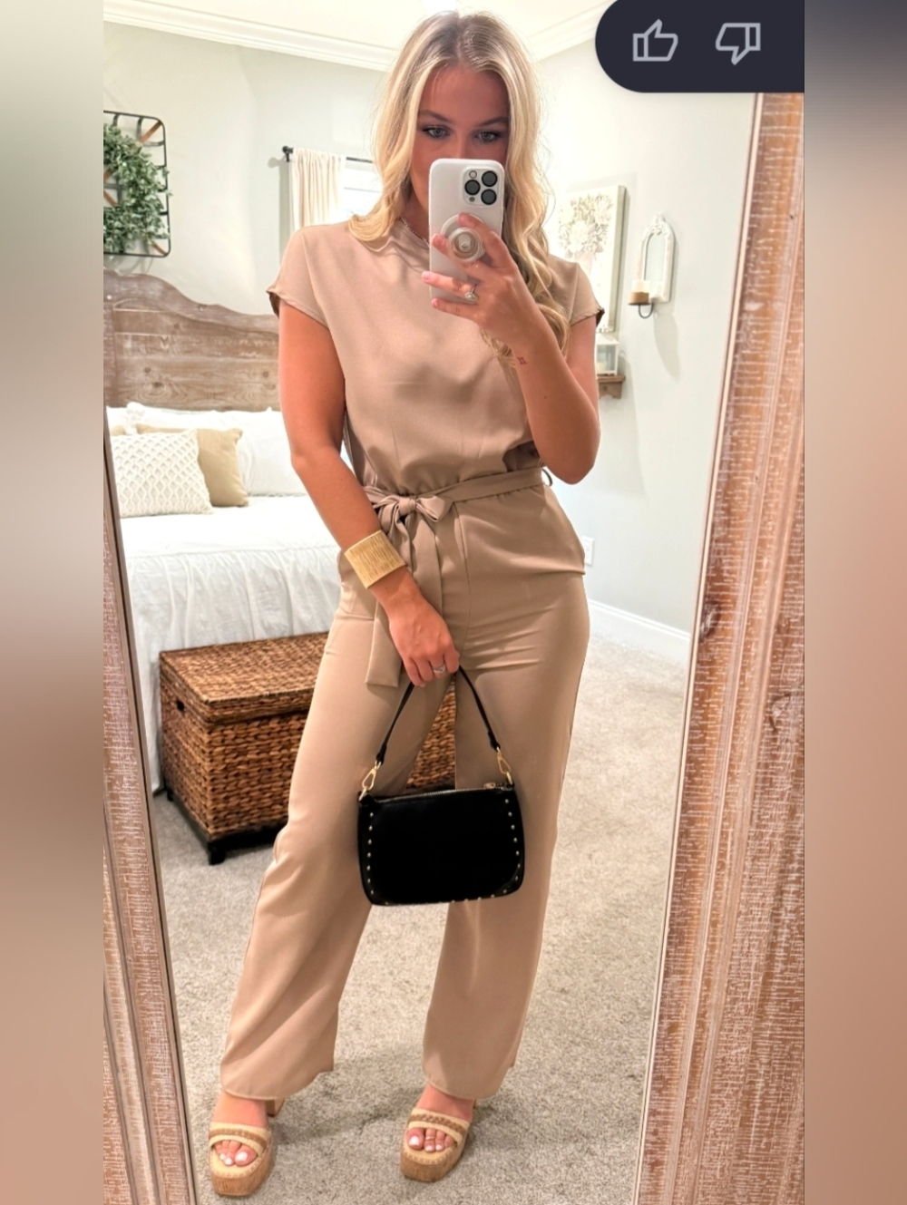 Tie-Waist Short Sleeve Beige Jumpsuit